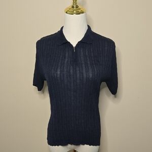 Vintage Eagle's Eye Navy Blue Cable Knit Polo Top 100% Silk Modern Fit Small